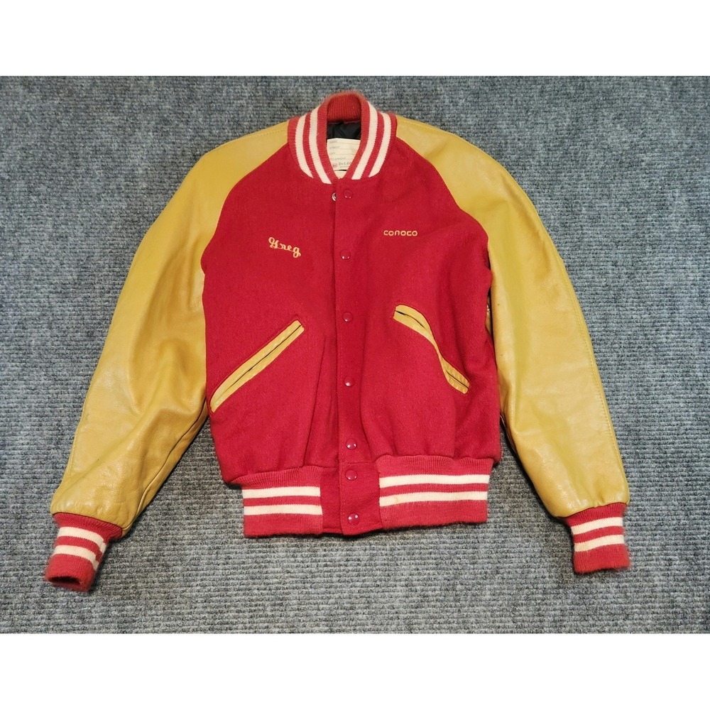 Old Vintage DeLong Sportswear Varsity Jacket Red Wool Tan Leather Conoco Mens 40